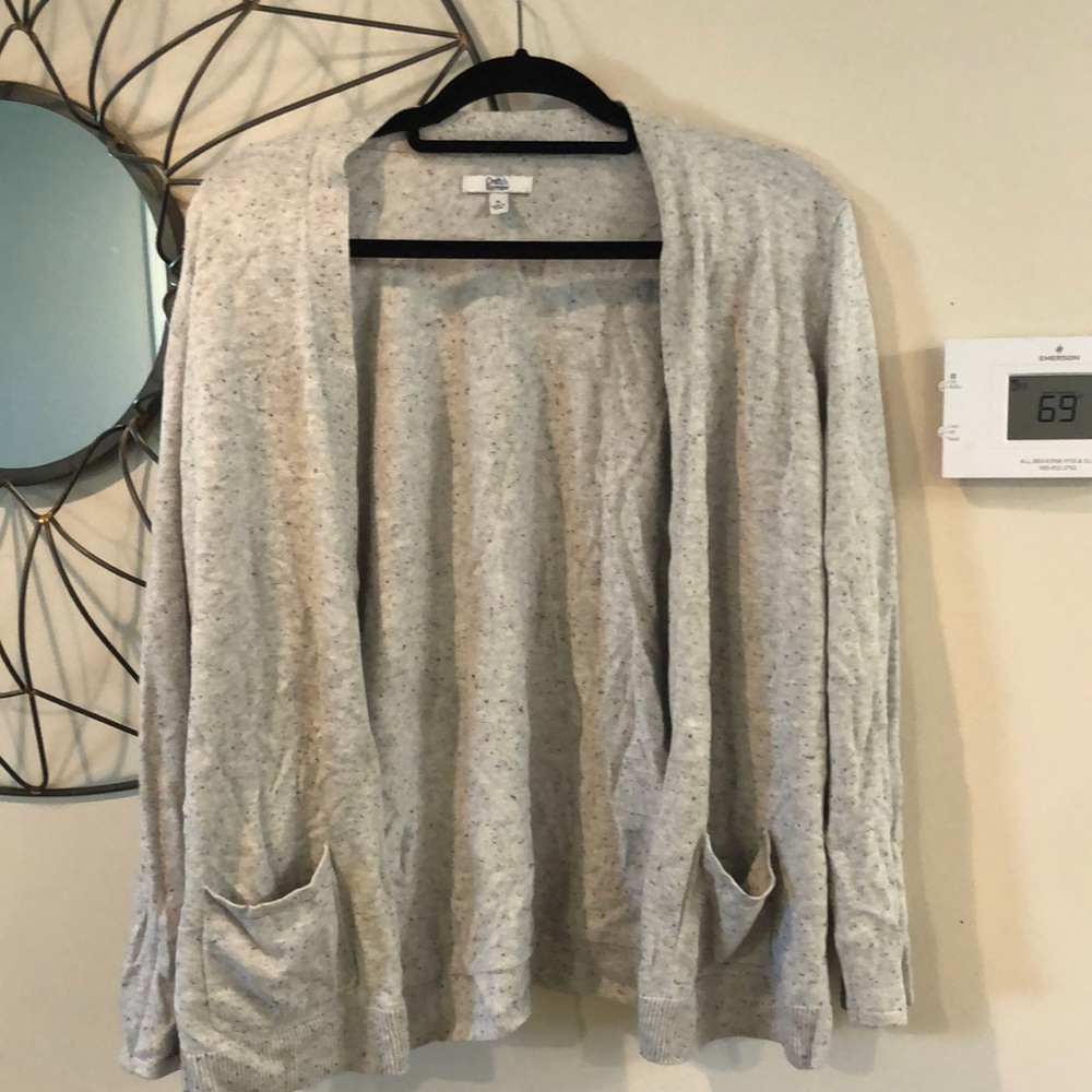 Heathered grey cardigan.